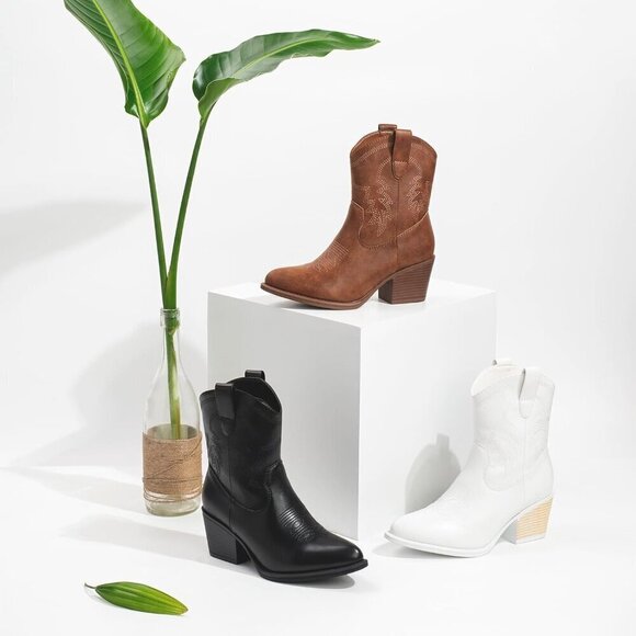 Western Boots Mid Calf Boots Short Chunky Classic Black Faux Leather For Women - Picture 5 of 9